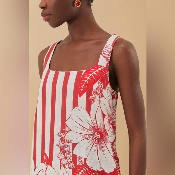 Farm Rio Red Floral Stripe Linen Mini Mini Dress Medium Pockets Botanical Boho - Picture 4 of 13